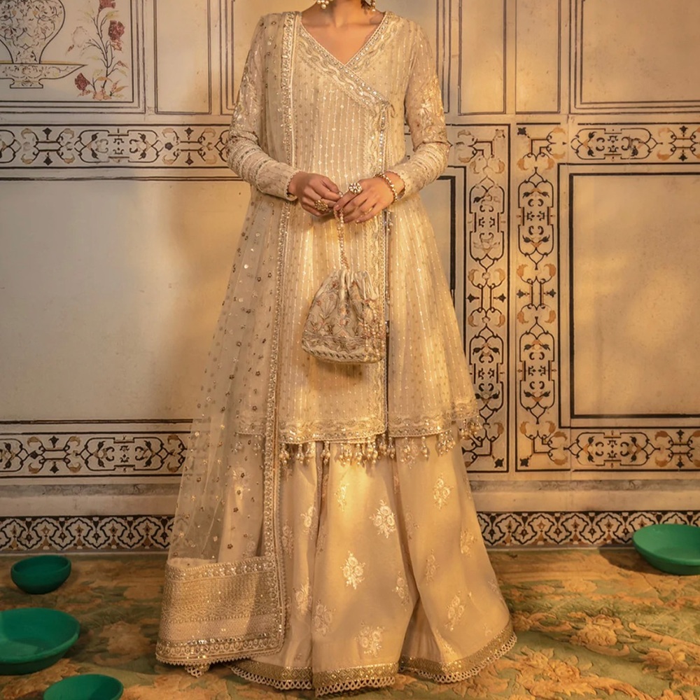 Faiza Saqlain Arezou Ivory Sharara 3PC w/ Potli Bag